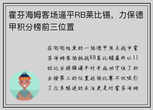 霍芬海姆客场逼平RB莱比锡，力保德甲积分榜前三位置