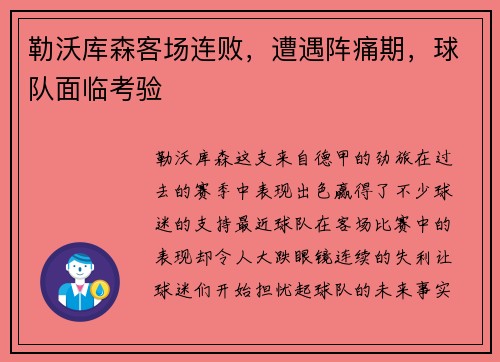 勒沃库森客场连败，遭遇阵痛期，球队面临考验