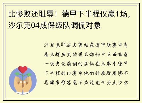 比惨败还耻辱！德甲下半程仅赢1场，沙尔克04成保级队调侃对象