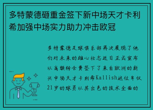 多特蒙德砸重金签下新中场天才卡利希加强中场实力助力冲击欧冠